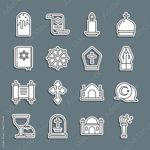 Set line Aspergillum, Star and crescent, Hands in praying position, Burning candle, Dharma wheel, Jewish torah book, Easter cake and Pope hat icon. Vector