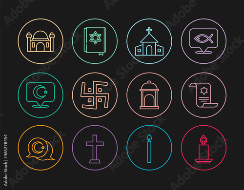 Set line Burning candle, Torah scroll, Church building, Hindu swastika, Star crescent, Muslim Mosque, and Jewish torah book icon. Vector