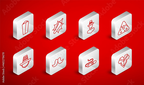 Set line Poncho, Hot chili pepper pod, Mexican man sombrero, Nachos, Cigar, Burrito, Mustache and icon. Vector