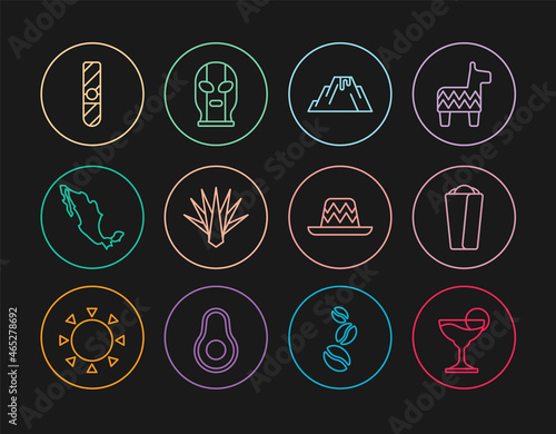 Set line Margarita cocktail, Burrito, Volcano eruption with lava, Agave, Map of mexican, Cigar, Mexican sombrero and wrestler icon. Vector