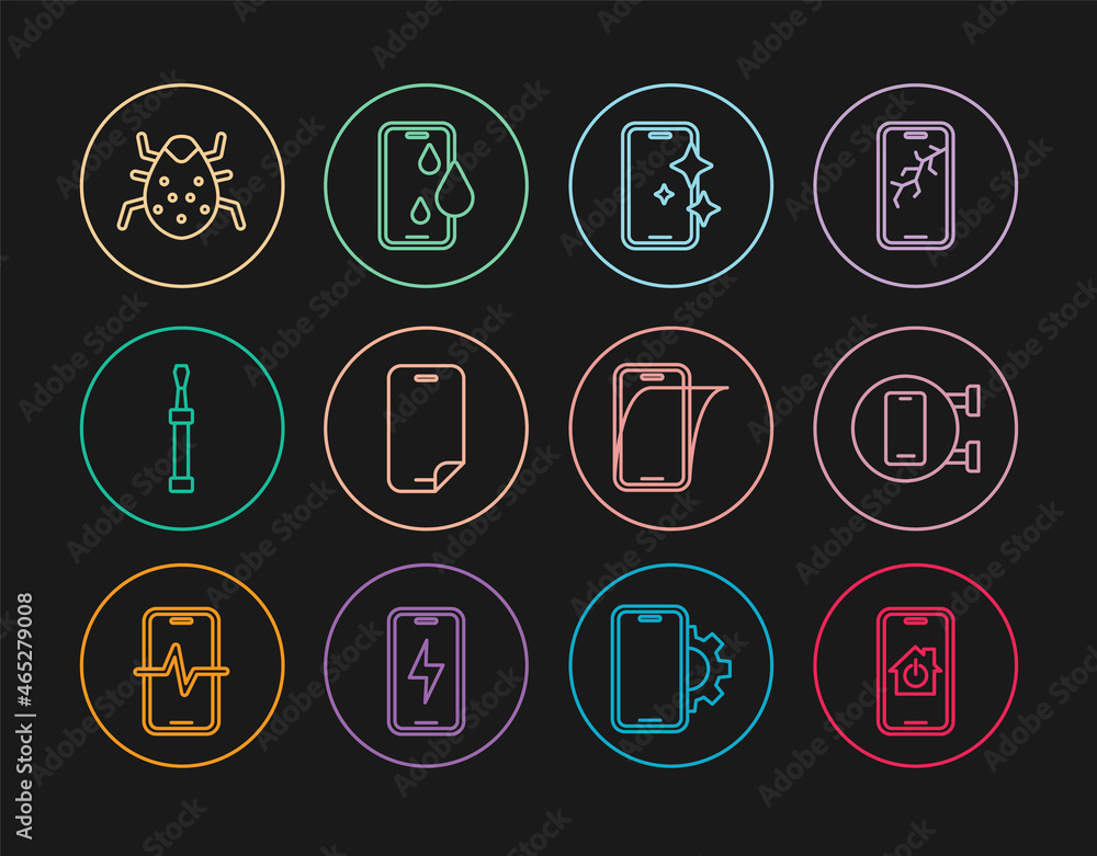 Set line Mobile with smart home, Phone repair service, Glass screen protector, Screwdriver, System bug, and Waterproof phone icon. Vector Set line Mobile with smart home, Phone repair service, Glass screen protector, Screwdriver, System bug, and Waterproof phone icon. Vector