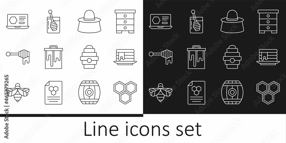 Set line Honeycomb, Stack of pancakes, Beekeeper with protect hat, dipper stick honey, online service, Hive for bees and icon. Vector Set line Honeycomb, Stack of pancakes, Beekeeper with protect hat, dipper stick honey, online service, Hive for bees and icon. Vector