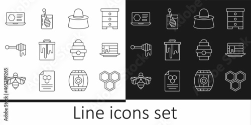 Set line Honeycomb, Stack of pancakes, Beekeeper with protect hat, dipper stick honey, online service, Hive for bees and icon. Vector