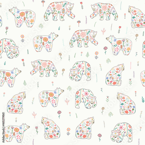 forest animals bears with floral ornament vector illustrations set