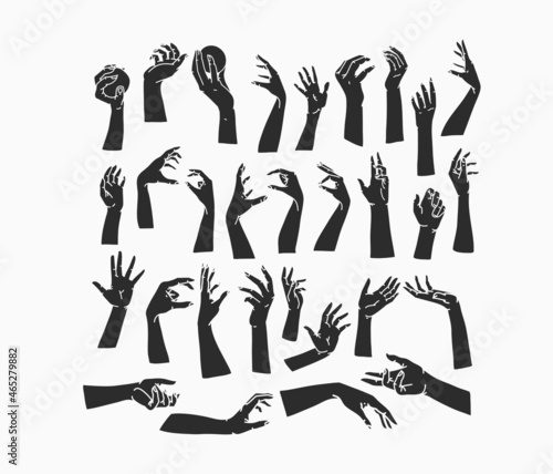 Hand drawn vector abstract stock flat graphic illustrations collection set with logo elements,bohemian magic art of human hands shape silhouettes in simple style for branding.Feminine logo concept.