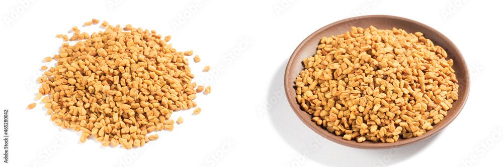 Set of spice fenugreek (Trigonella foenum-graecum) on white background isolated, in clay plate and bunch. Close up Set of spice fenugreek (Trigonella foenum-graecum) on white background isolated, in clay plate and bunch. Close up