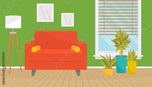 Stylish living room interior with furniture. Soft armchair, floor lamp, wall pictures, plants. Home design. Modern apartment with wood floor and window.