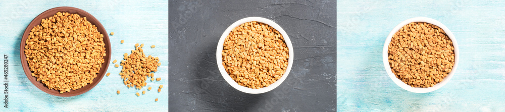 Set of spice fenugreek (Trigonella foenum-graecum) in brown clay plate and ceramic white bowl on blue wooden background, black concrete background. Flat lay Set of spice fenugreek (Trigonella foenum-graecum) in brown clay plate and ceramic white bowl on blue wooden background, black concrete background. Flat lay