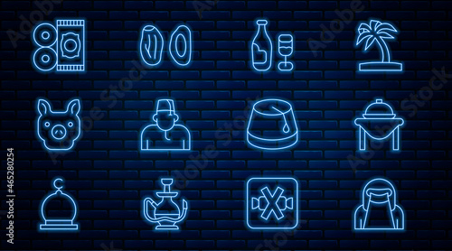 Set line Muslim woman in niqab, Table food, Wine bottle with glass, Pig, Traditional carpet, Turkish hat and Date fruit icon. Vector