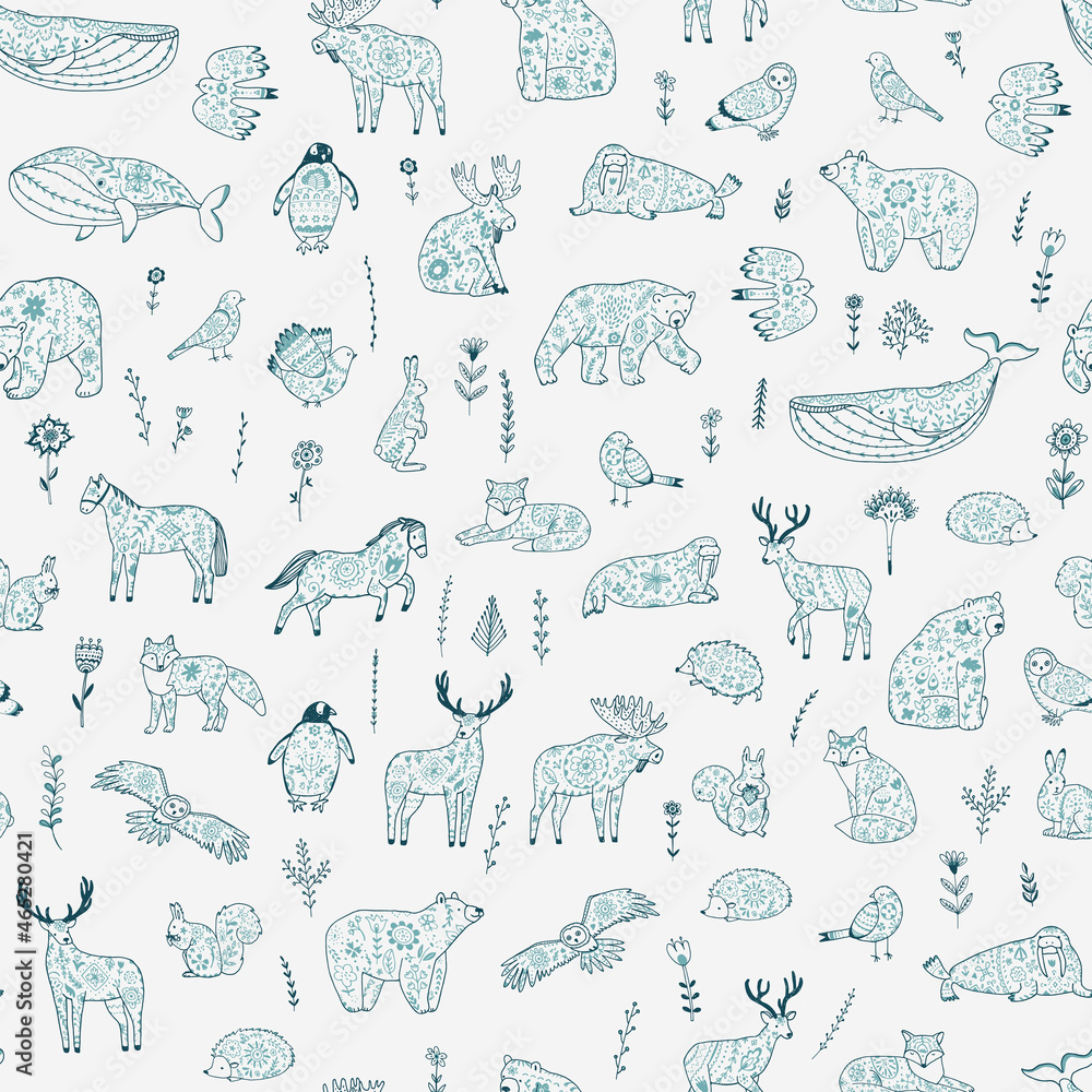 forest animals with floral ornament vector seamless pattern