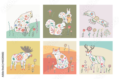 forest animals with floral ornament vector illustrations set
