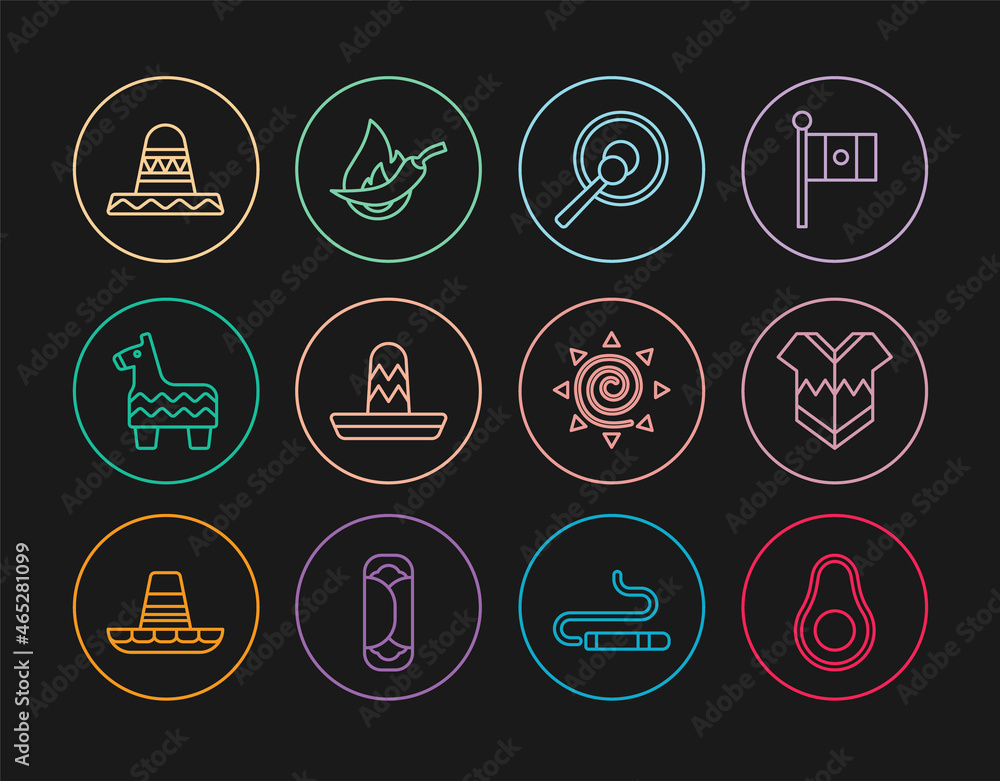 Set line Avocado fruit, Poncho, Gong, Mexican sombrero, Pinata, Sun and Hot chili pepper pod icon. Vector Set line Avocado fruit, Poncho, Gong, Mexican sombrero, Pinata, Sun and Hot chili pepper pod icon. Vector