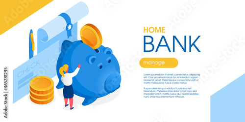 Character puts a coin into pig shape money box. Financial report with stamp, check, and pen on the background.