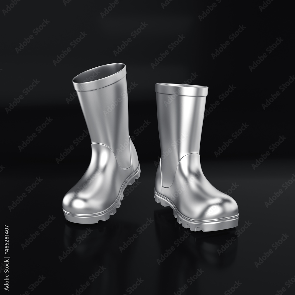 Rubber Boots Silver Floating On A Black Background 3d Render Stock イラスト Adobe Stock