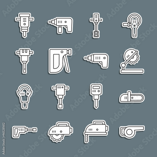 Set line Leaf garden blower, Chainsaw, Table for woodwork, Electrical hand concrete mixer, Construction stapler, jackhammer, and cordless screwdriver icon. Vector
