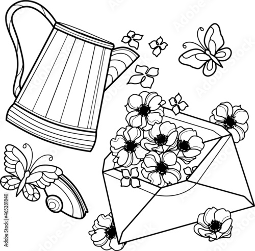 Coloring antistress page for adults and children. Teapot with flowers, envelope with anemones and butterflies	