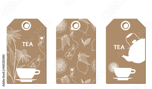 Vector set of labels and tags for tea bags with hearbs, cup, kettle and tea pot. Herbal Tea vector background