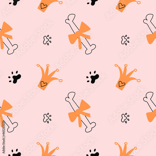 Seamless pattern with a bone with a bow, with dog paws and a crown. Wrapping paper pattern for a gift to your beloved pet, dog.
