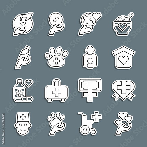 Set line Heart in hand, with cross, Shelter for homeless, Hand holding Earth globe, Veterinary clinic, Donation water, Pleasant relationship and Taking care of children icon. Vector