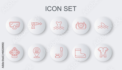 Set line Wetsuit for scuba diving, Aqualung, Whale tail, Boots, Diving mask, Fishing harpoon, Scallop sea shell and Snorkel icon. Vector