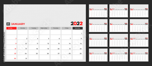 2022 planner calendar design template set week start on Sunday. 2022 corporate planner calendar design set with red color.