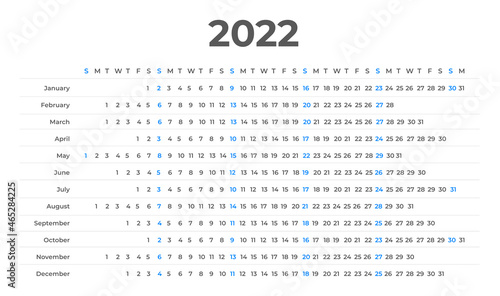 Calendar linear for 2022 year. 2022 Yearly calendar planner. Week starts Sunday. 2022 linear Calendar design with blue color.