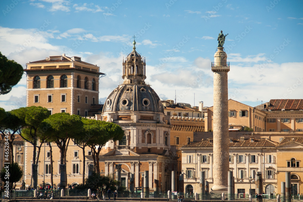 View on column of Traijan, church Santa Maria de Loreto,  Trajan Forum and pine trees in Rome