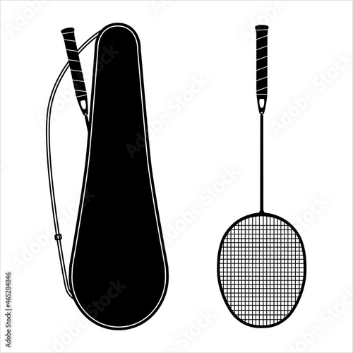 Set of badminton equipment. Badminton racket, badminton racket cover, badminton case. Flat  illustration isolated on white background. photo