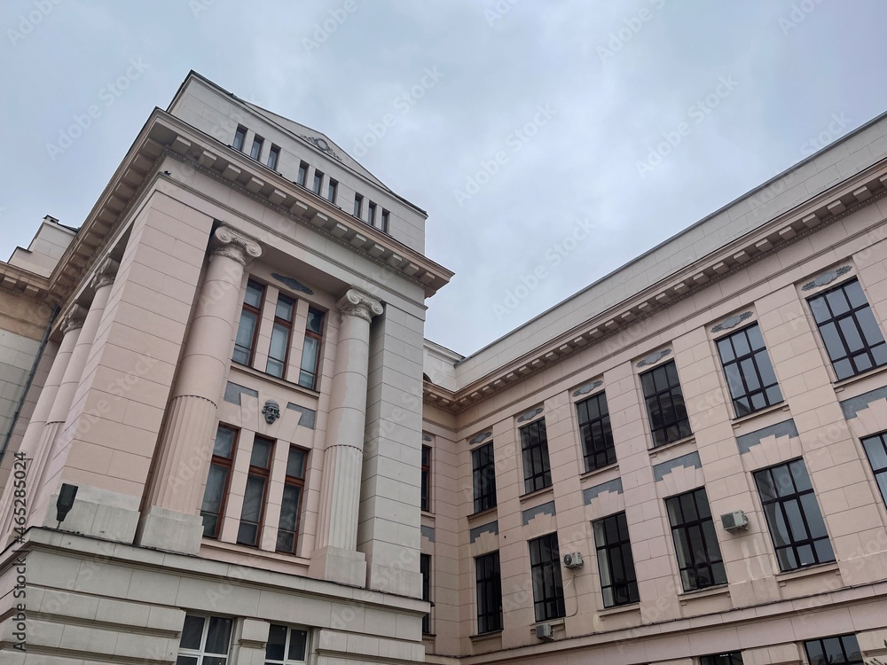 Facade of architectural building. Restored historic structure.