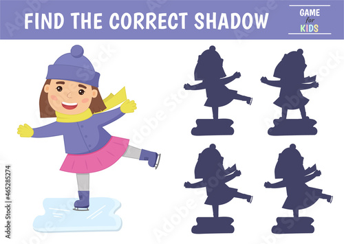 Children's game find the right shadow. A girl skates on ice in winter. Vector illustration.