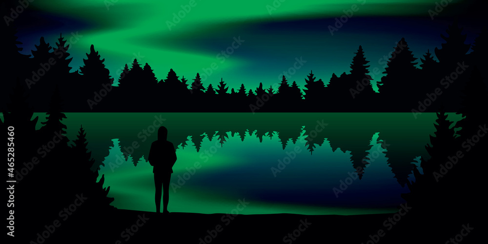 lonely girl at night with beautiful view on polar lights in colorful sky by the lake