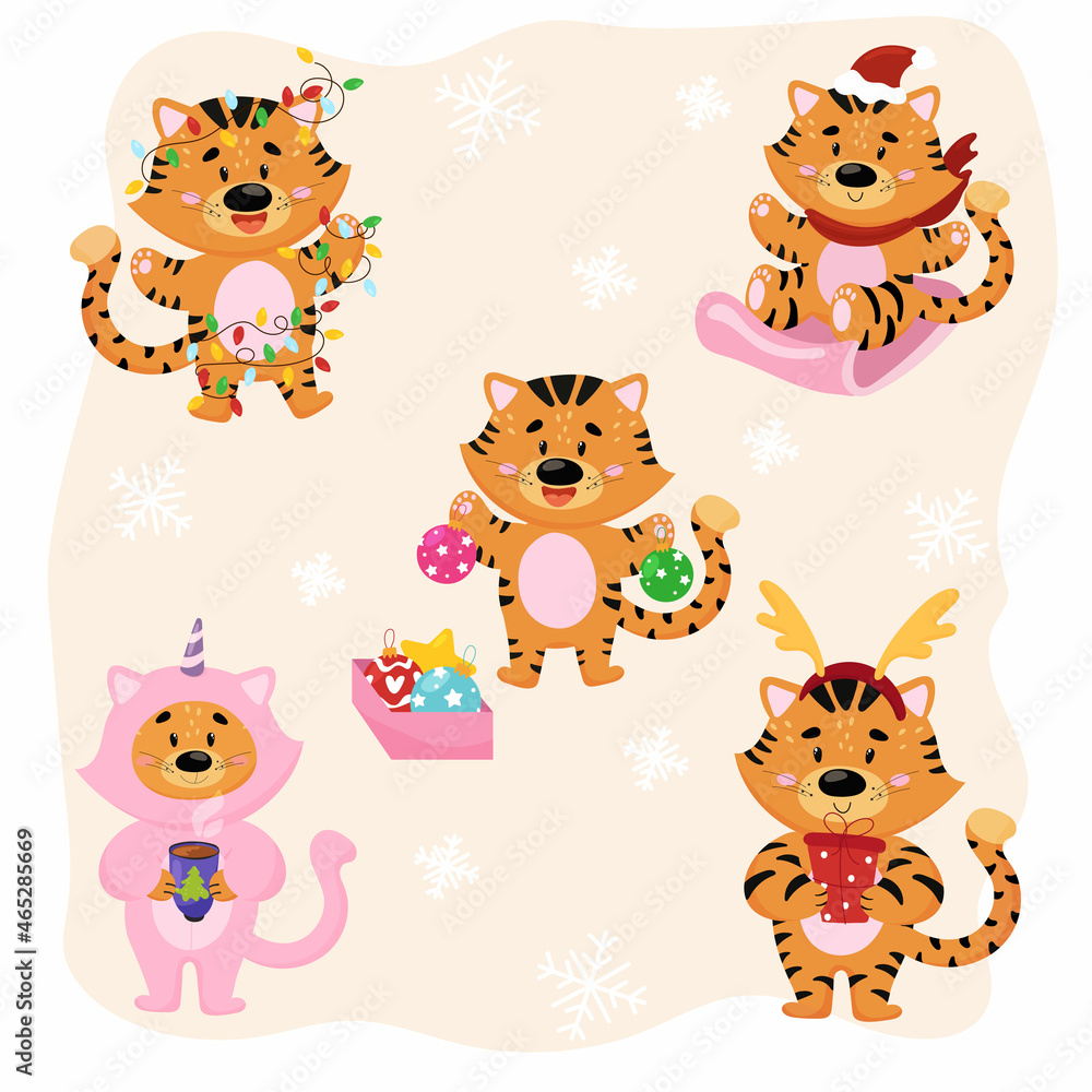 Vector illustration of a set of Christmas tigers