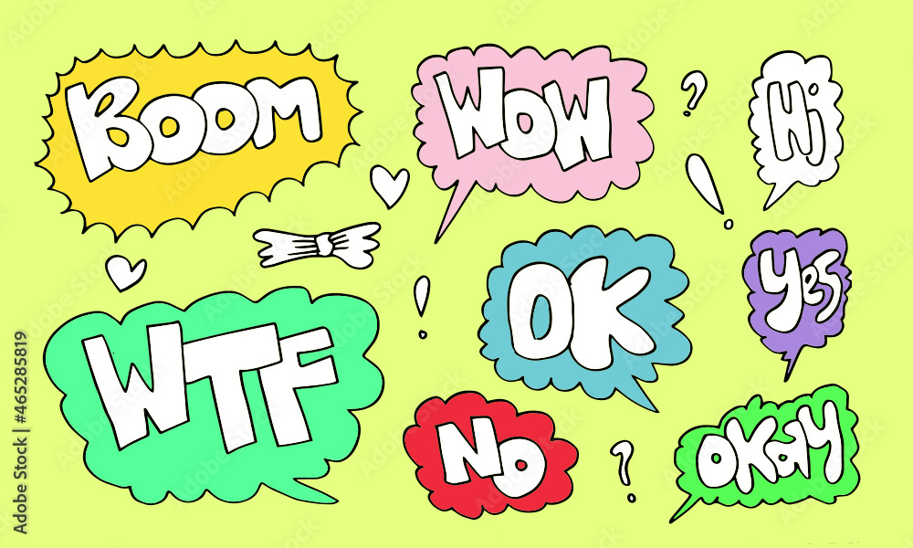 Hand drawn set of speech bubbles with handwritten short phrases  wow,boom,hi,WTF,OK,NO,yes,okay on yellow background.