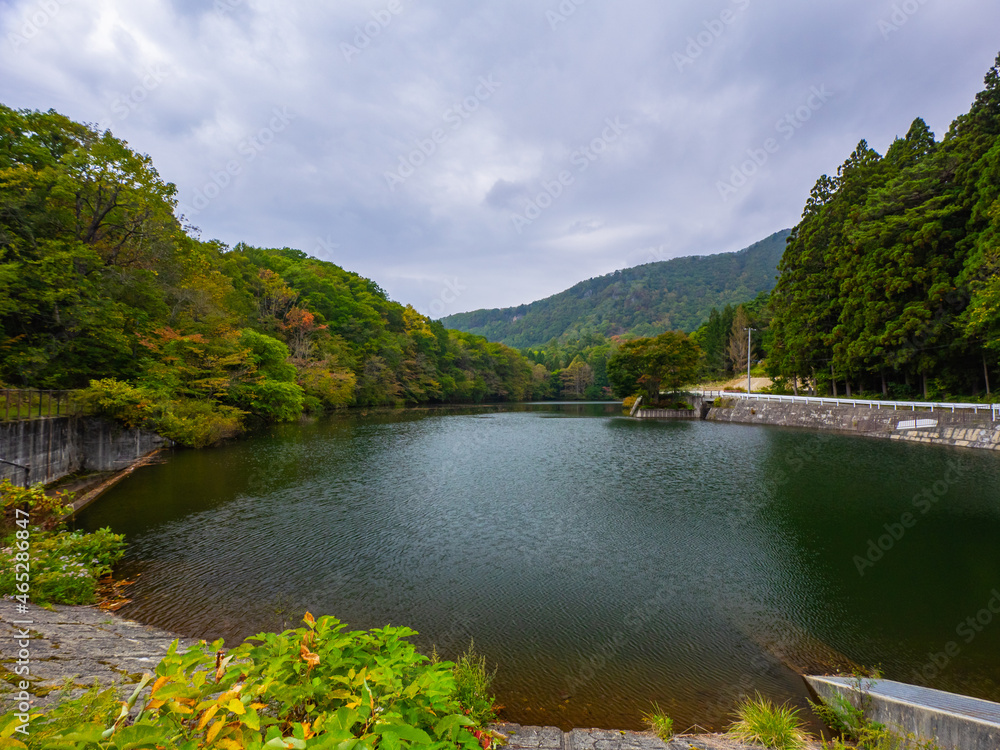 Lake surrounded by deciduous trees in early autumn on a cloudy day (Zao, Yamagata, Japan)