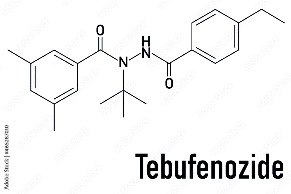 Tebufenozide insecticide molecule. Skeletal formula. Tebufenozide insecticide molecule. Skeletal formula.