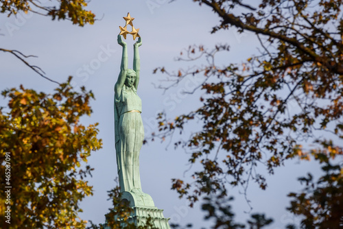 RIGA, LATVIA. 16th October 2019. Selective focus photo. Monument of Freedom. photo