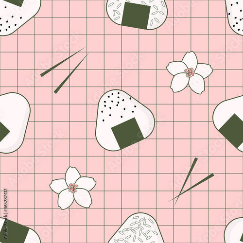 Sushi rice balls triangular shape with chopstick and cherry blossom flower Japanese food seamless pattern design