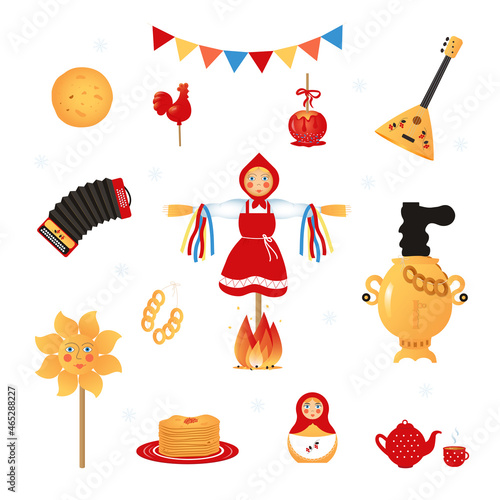 Shrovetide. A set of elements is the celebration of Maslenitsa. Vector.