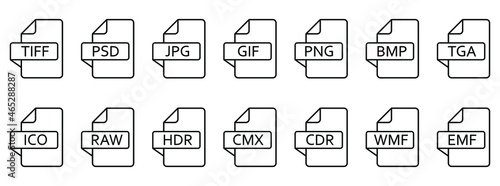 Image file formats icon. Set of line icons of different image formats. Image file icons. Vector illustration.