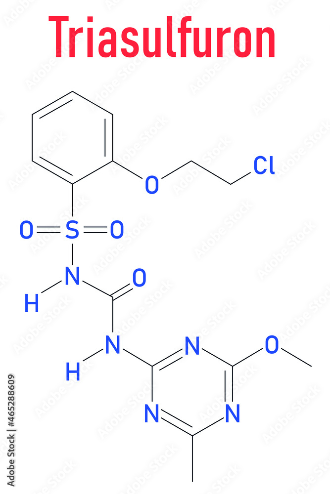 Triasulfuron herbicide molecule. Skeletal formula. Triasulfuron herbicide molecule. Skeletal formula.