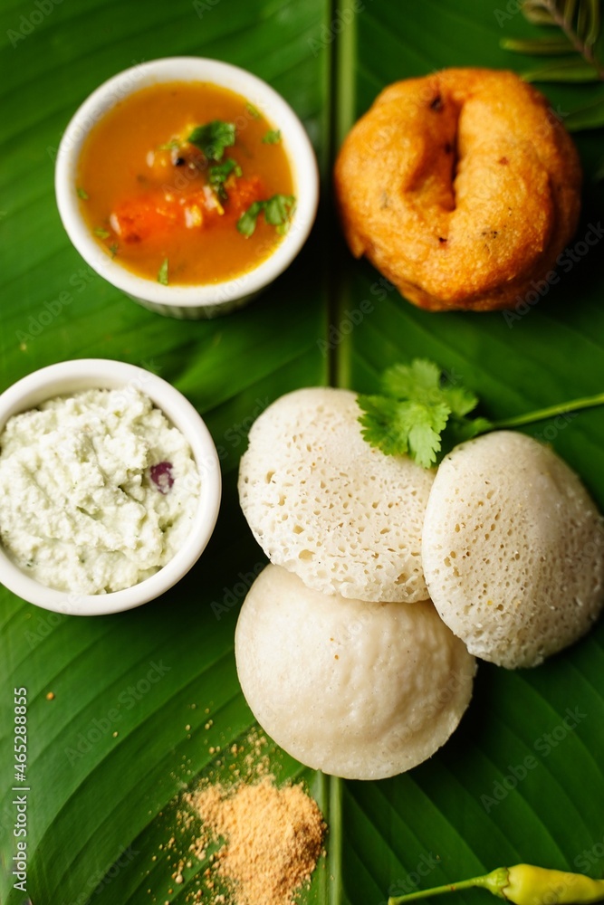 Vegetarian South Indian breakfast thali Idli vada sambar chutney