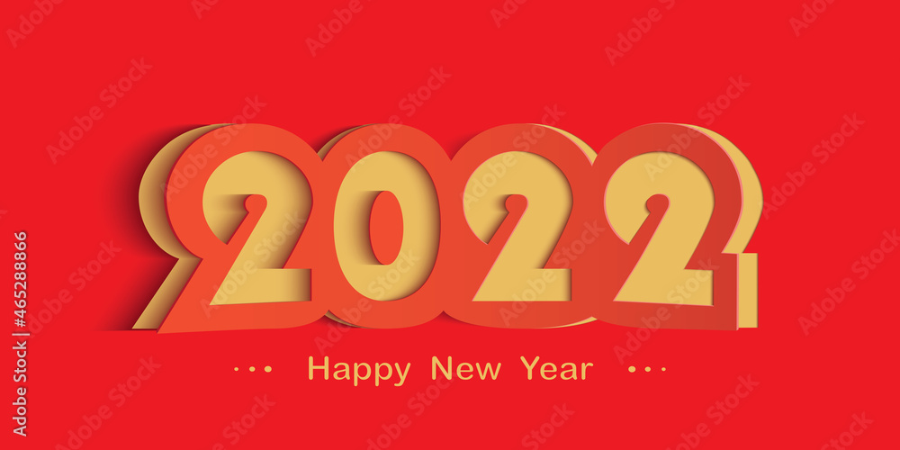 Happy New Year 2022 red and yellow card in paper cut style for seasonal Christmas holidays greetings and invitations cards, vector illustration