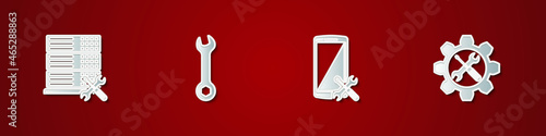 Set Database server service, Wrench, Smartphone and and screwdriver in gear icon. Vector
