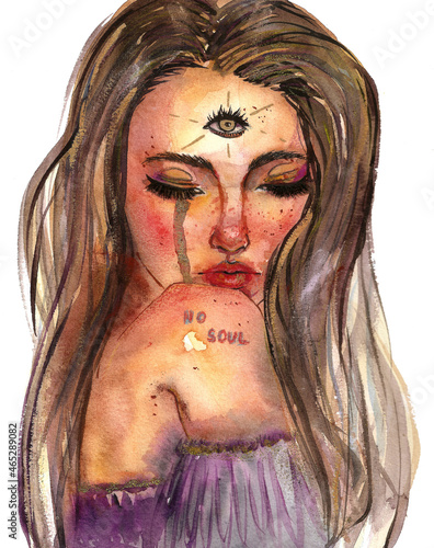 beautiful crying watercolor girl with third eye. yoga and meditation photo