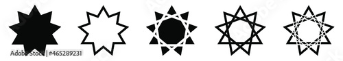 Bahai star. Black linear Baha'i symbols set. Religious symbol of Bahaism. Vector illustration. photo