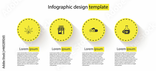 Set Marijuana or cannabis leaf, and store, Medical pills with marijuana and Test tube. Business infographic template. Vector