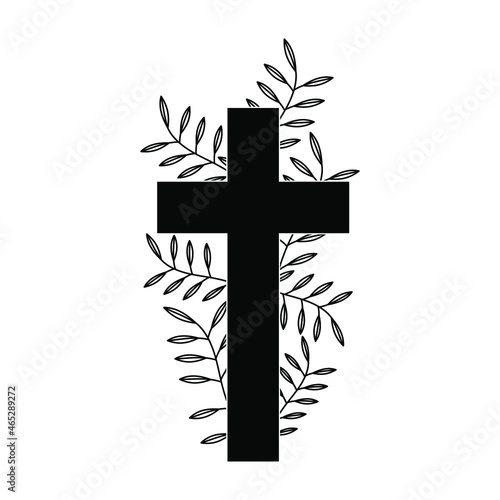 Christian cross with plant. Cross with flowers. Black design of christian cross with branch. Vector illustration