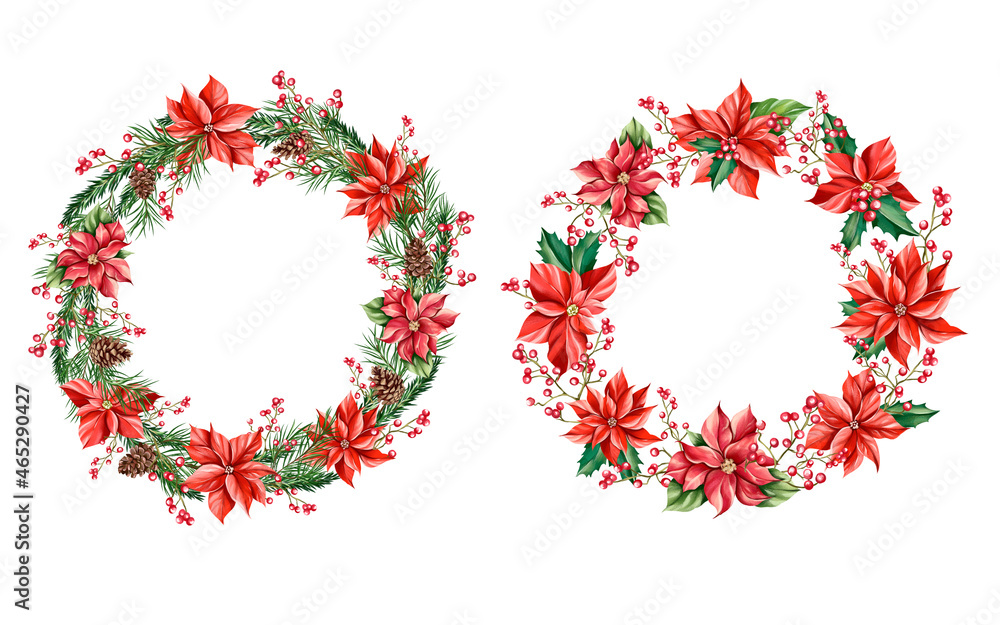 Christmas wreath, white background. Green pine, fir branches, cones, red berries. Nature design. Greeting card, poster template. Christmas holidays Christmas wreath, white background. Green pine, fir branches, cones, red berries. Nature design. Greeting card, poster template. Christmas holidays