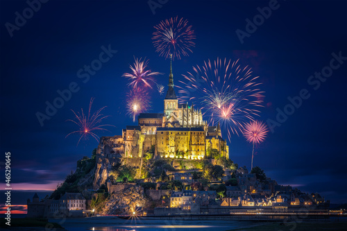 Fotografie, Obraz View of the famous  sanctuary Mont Saint-Michel with fireworks (France)