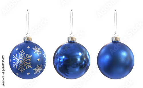 A set of blue Christmas balls on a white background, 3d render